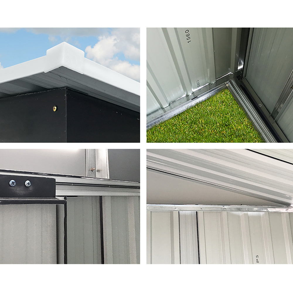 A sleek black Giantz Garden Shed 2.38x1.31M Sheds Outdoor Storage Tool Metal Workshop Shelter Sliding Door with a flat roof and silver trim made of galvanized steel. Dimensions are labeled: width 238cm, depth 131cm, height 178cm in front and 159cm in back. Door width is 79.5cm. Side width is 119cm. Ventilation grids enhance the storage space at the front.