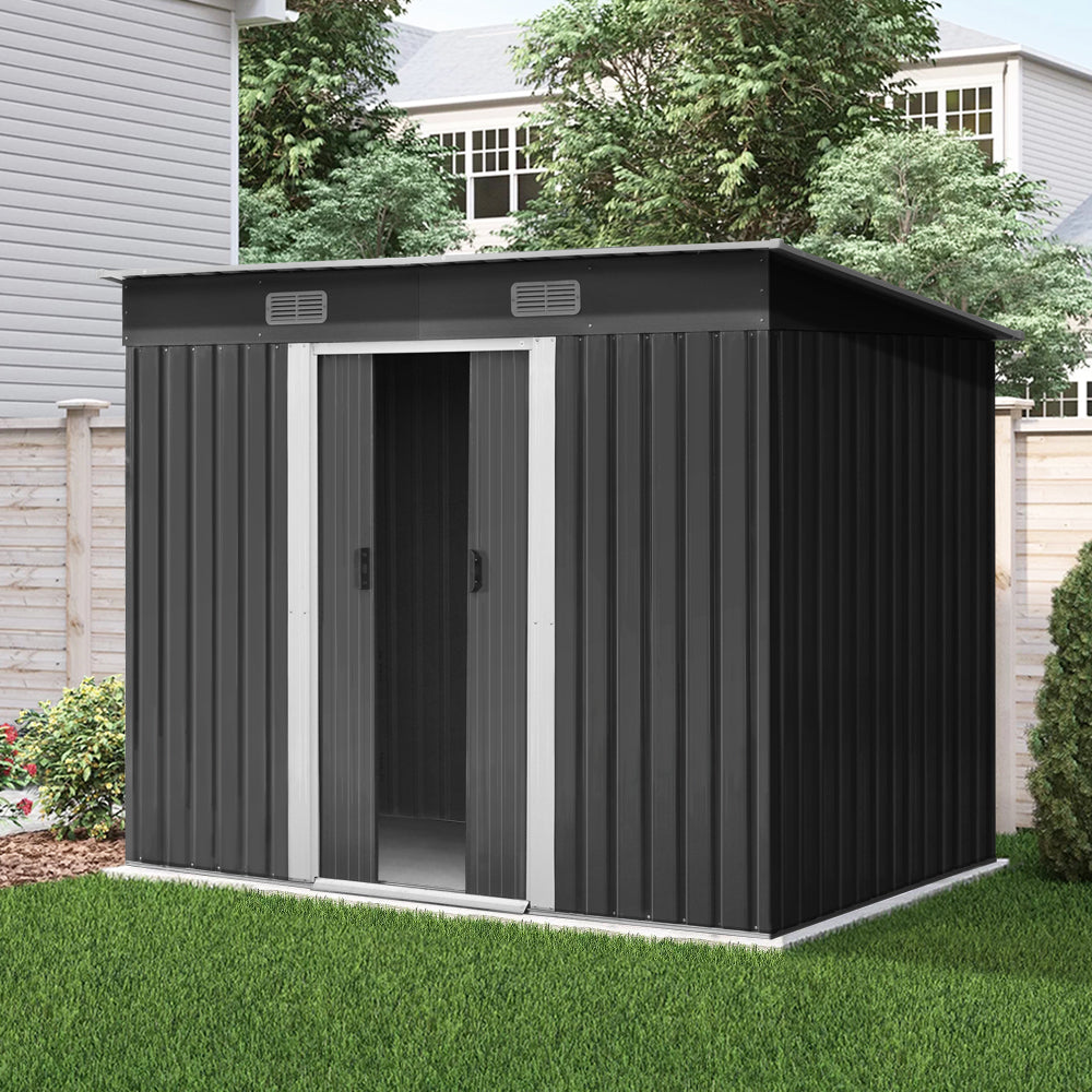 A sleek black Giantz Garden Shed 2.38x1.31M Sheds Outdoor Storage Tool Metal Workshop Shelter Sliding Door with a flat roof and silver trim made of galvanized steel. Dimensions are labeled: width 238cm, depth 131cm, height 178cm in front and 159cm in back. Door width is 79.5cm. Side width is 119cm. Ventilation grids enhance the storage space at the front.