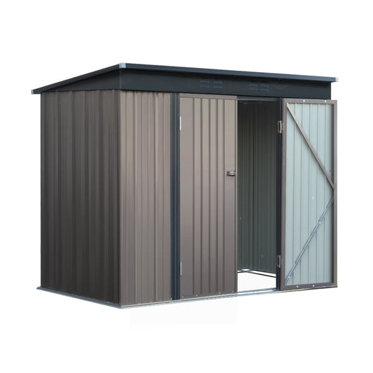 The Giantz Garden Shed 2.31x1.31M Sheds Outdoor Storage Tool Metal Workshop Shelter Double Door is a small, brown storage solution made of galvanized steel. It features a slanted roof and partially open double doors that reveal an empty interior. The shed has vertical ridges on the panels and is elevated on a framed base, with the white background highlighting its design perfectly for garden storage.