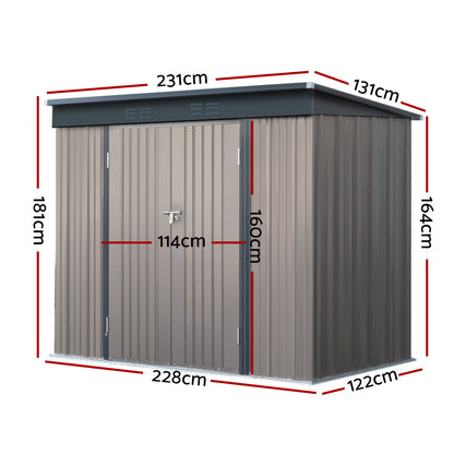 The Giantz Garden Shed 2.31x1.31M Sheds Outdoor Storage Tool Metal Workshop Shelter Double Door is a small, brown storage solution made of galvanized steel. It features a slanted roof and partially open double doors that reveal an empty interior. The shed has vertical ridges on the panels and is elevated on a framed base, with the white background highlighting its design perfectly for garden storage.