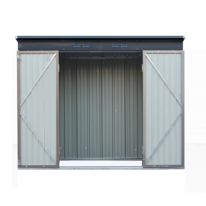 The Giantz Garden Shed 2.31x1.31M Sheds Outdoor Storage Tool Metal Workshop Shelter Double Door is a small, brown storage solution made of galvanized steel. It features a slanted roof and partially open double doors that reveal an empty interior. The shed has vertical ridges on the panels and is elevated on a framed base, with the white background highlighting its design perfectly for garden storage.