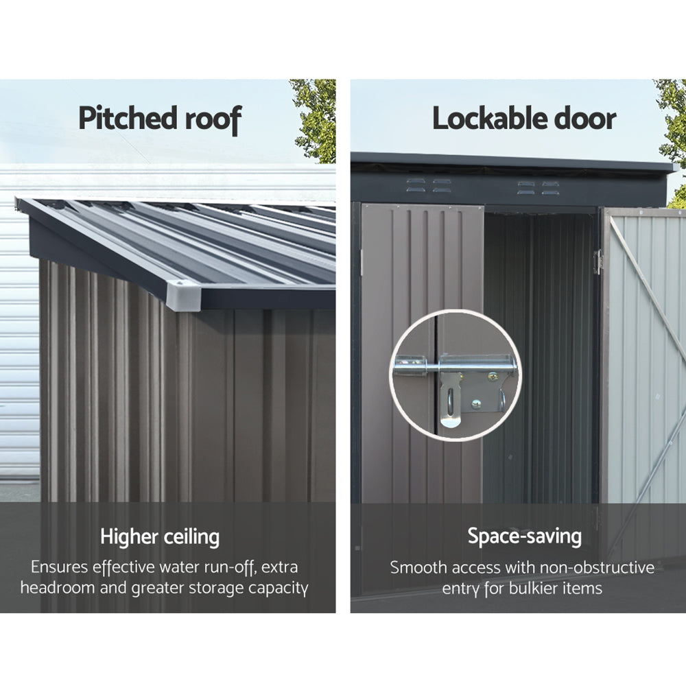 The Giantz Garden Shed 2.31x1.31M Sheds Outdoor Storage Tool Metal Workshop Shelter Double Door is a small, brown storage solution made of galvanized steel. It features a slanted roof and partially open double doors that reveal an empty interior. The shed has vertical ridges on the panels and is elevated on a framed base, with the white background highlighting its design perfectly for garden storage.