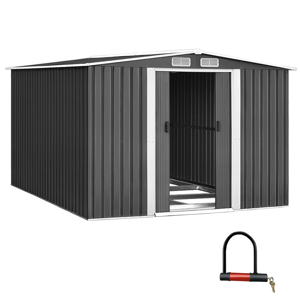 A black galvanized steel Giantz Garden Shed 2.58x3.14M w/Metal Base Sheds Outdoor Storage Workshop Shelter Sliding Door with open double doors reveals the empty interior. The weatherproof shed has side ventilation panels near the roofline and a gabled roof. It offers an ideal storage solution for outdoor equipment and tools.