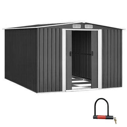 A black galvanized steel Giantz Garden Shed 2.58x3.14M w/Metal Base Sheds Outdoor Storage Workshop Shelter Sliding Door with open double doors reveals the empty interior. The weatherproof shed has side ventilation panels near the roofline and a gabled roof. It offers an ideal storage solution for outdoor equipment and tools.