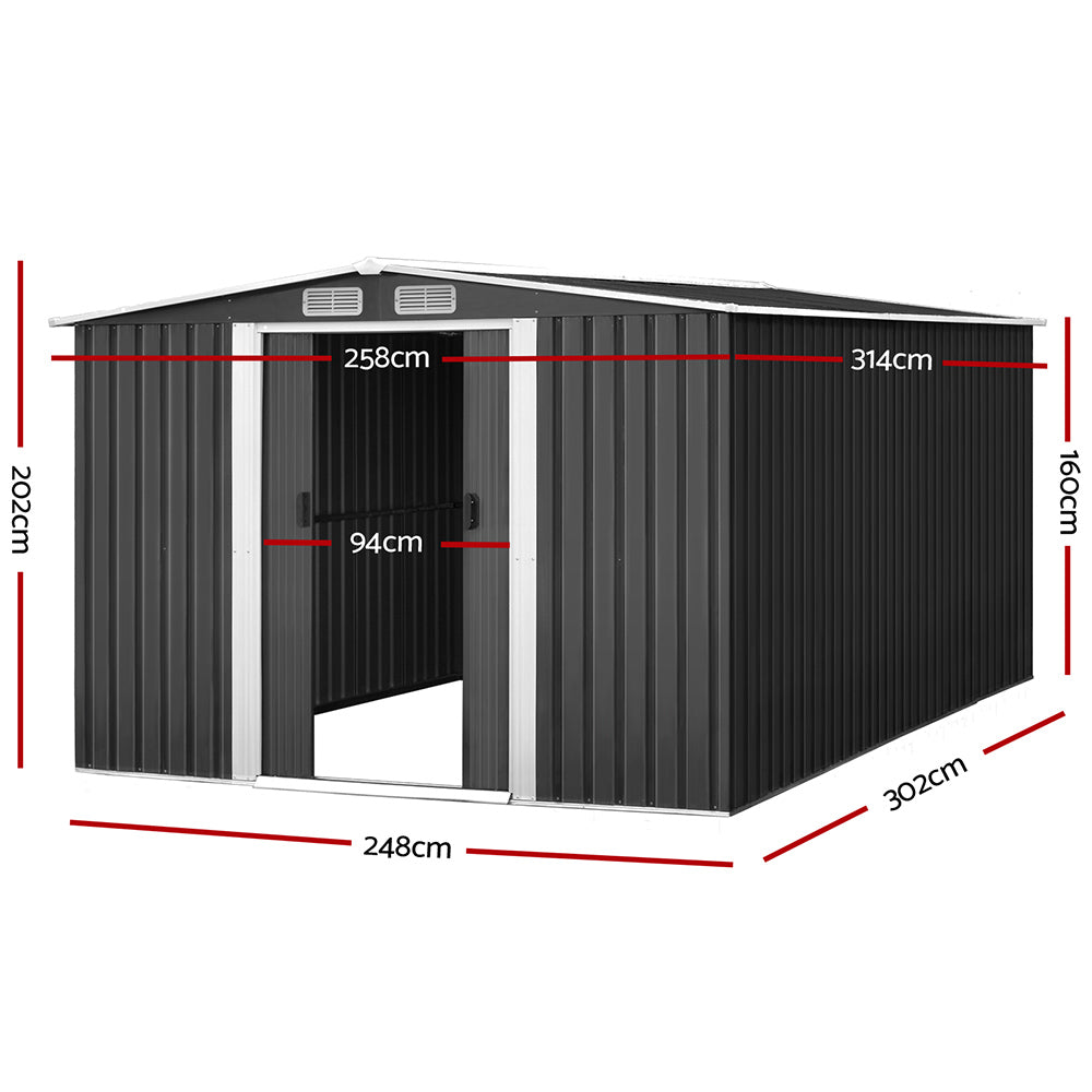 A black galvanized steel Giantz Garden Shed 2.58x3.14M w/Metal Base Sheds Outdoor Storage Workshop Shelter Sliding Door with open double doors reveals the empty interior. The weatherproof shed has side ventilation panels near the roofline and a gabled roof. It offers an ideal storage solution for outdoor equipment and tools.