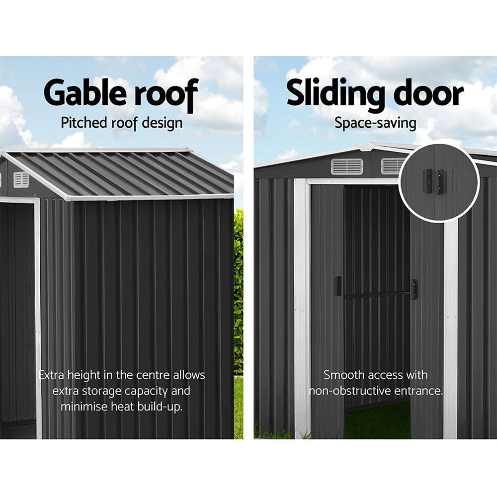 A black galvanized steel Giantz Garden Shed 2.58x3.14M w/Metal Base Sheds Outdoor Storage Workshop Shelter Sliding Door with open double doors reveals the empty interior. The weatherproof shed has side ventilation panels near the roofline and a gabled roof. It offers an ideal storage solution for outdoor equipment and tools.