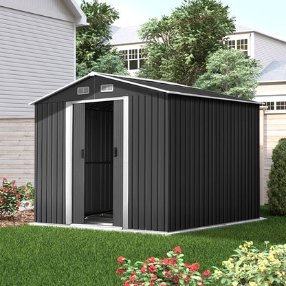 A black galvanized steel Giantz Garden Shed 2.58x3.14M w/Metal Base Sheds Outdoor Storage Workshop Shelter Sliding Door with open double doors reveals the empty interior. The weatherproof shed has side ventilation panels near the roofline and a gabled roof. It offers an ideal storage solution for outdoor equipment and tools.