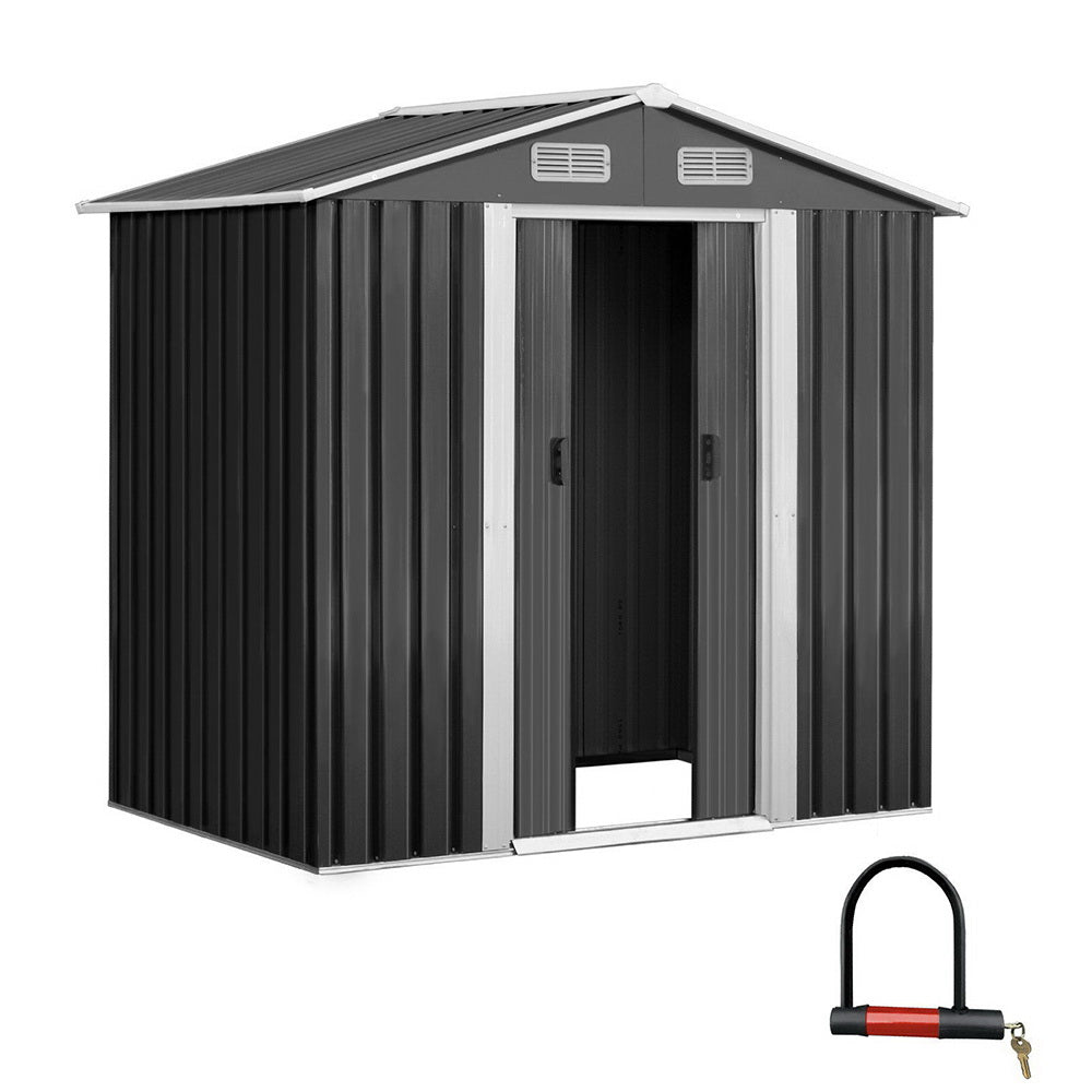 Image of a Giantz Garden Shed 1.96x1.32M Sheds Outdoor Storage Tool Workshop Metal Shelter Sliding Door in black with white trim. The weatherproof shed features double doors, two small vents near the roof, and various dimensions labeled in red: height 186cm, front width 132cm, back width 196cm, door height 154cm, door width 73cm, depth 119cm, and total width 184cm.