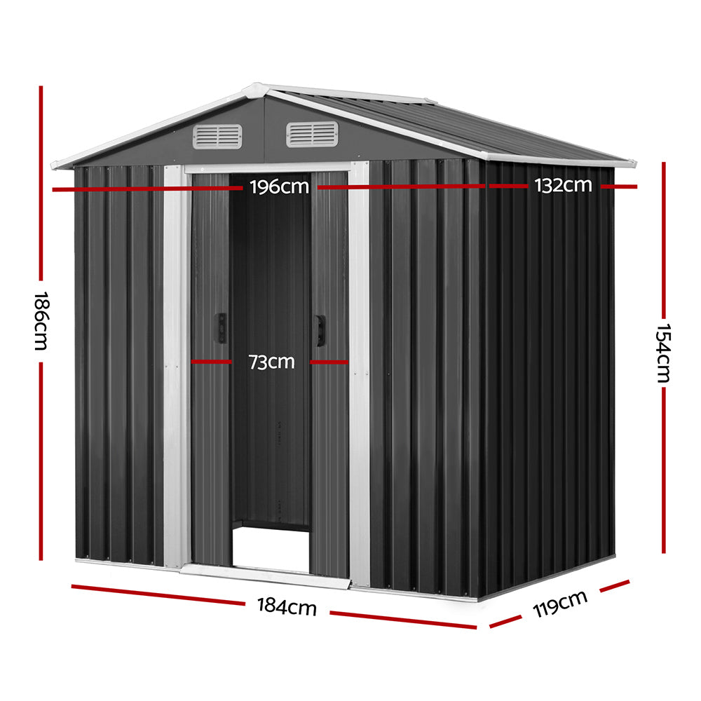 Image of a Giantz Garden Shed 1.96x1.32M Sheds Outdoor Storage Tool Workshop Metal Shelter Sliding Door in black with white trim. The weatherproof shed features double doors, two small vents near the roof, and various dimensions labeled in red: height 186cm, front width 132cm, back width 196cm, door height 154cm, door width 73cm, depth 119cm, and total width 184cm.