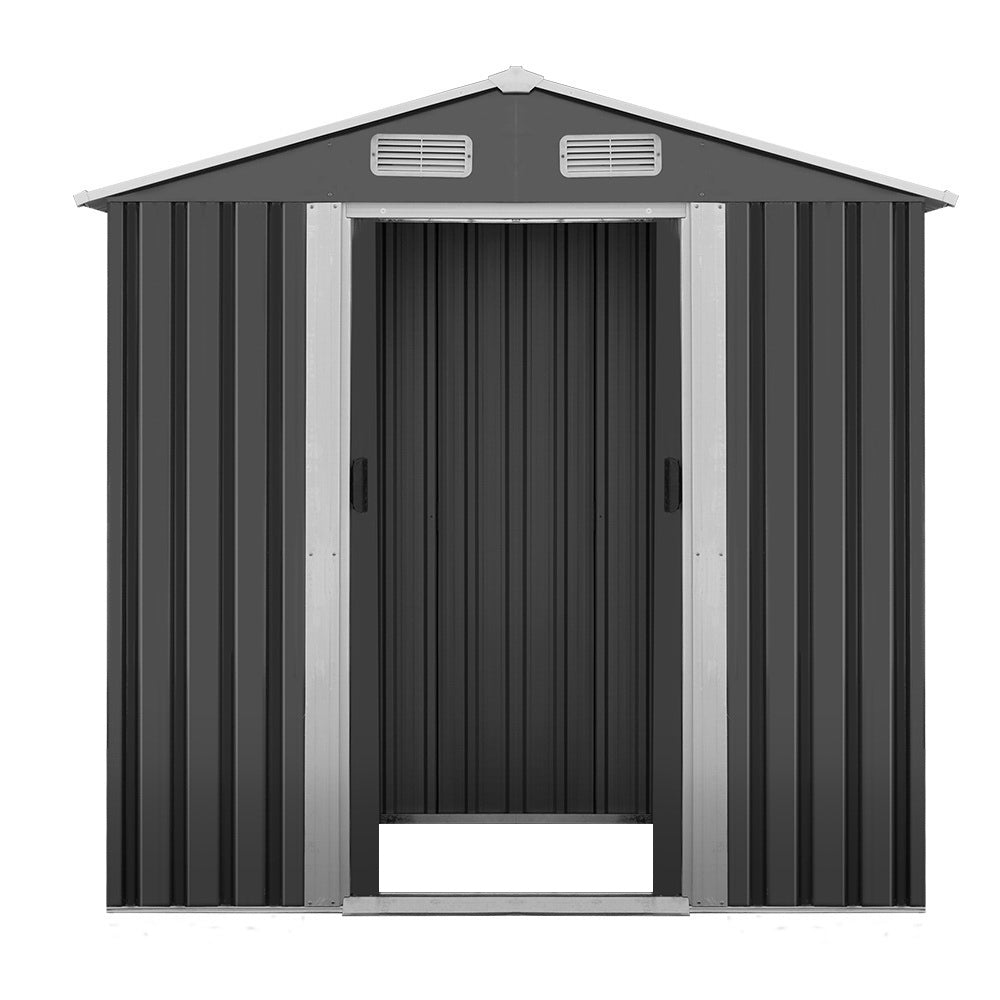 Image of a Giantz Garden Shed 1.96x1.32M Sheds Outdoor Storage Tool Workshop Metal Shelter Sliding Door in black with white trim. The weatherproof shed features double doors, two small vents near the roof, and various dimensions labeled in red: height 186cm, front width 132cm, back width 196cm, door height 154cm, door width 73cm, depth 119cm, and total width 184cm.