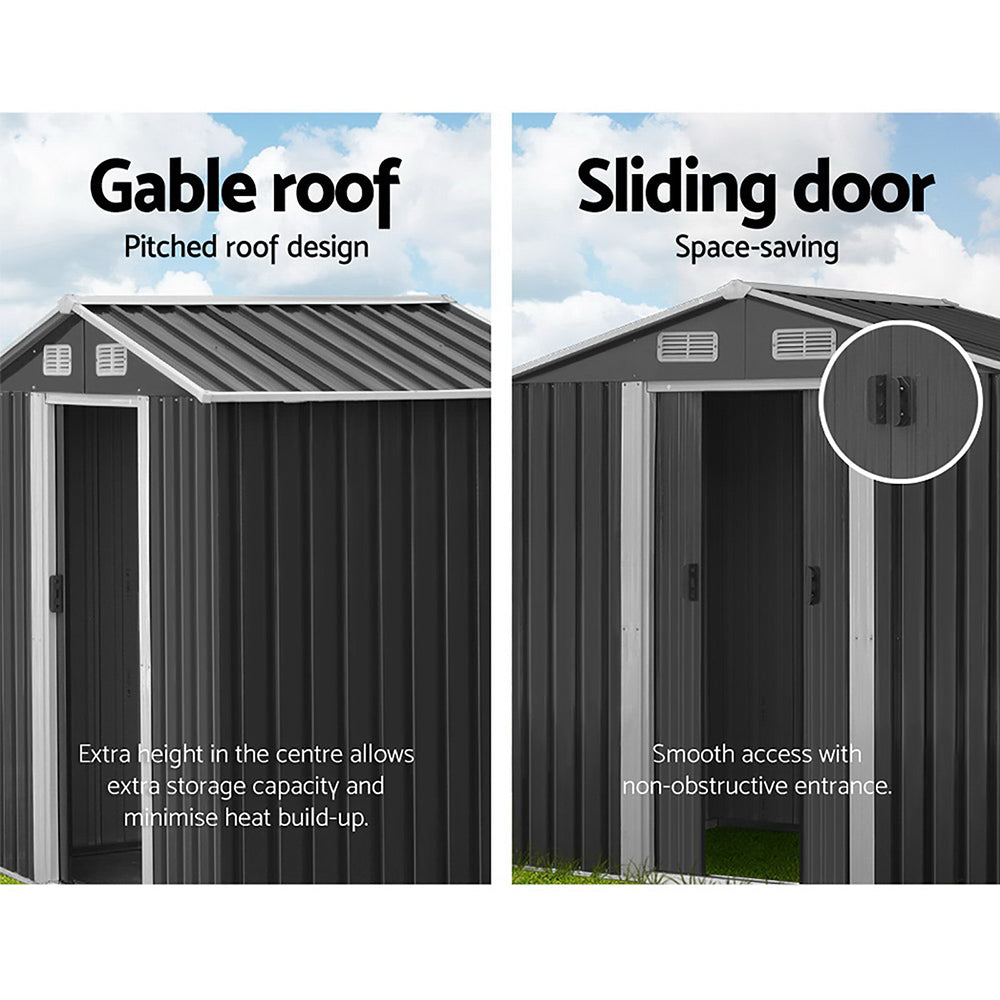 Image of a Giantz Garden Shed 1.96x1.32M Sheds Outdoor Storage Tool Workshop Metal Shelter Sliding Door in black with white trim. The weatherproof shed features double doors, two small vents near the roof, and various dimensions labeled in red: height 186cm, front width 132cm, back width 196cm, door height 154cm, door width 73cm, depth 119cm, and total width 184cm.