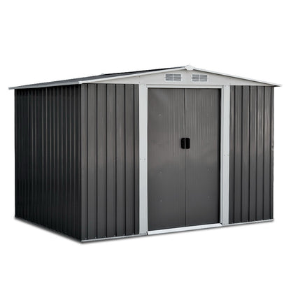 A weatherproof, gray Giantz Garden Shed 2.58x2.07M Sheds Outdoor Storage Workshop Metal Shelter Sliding Door constructed from galvanized steel with a ridged roof and vertical corrugated panels on the sides, viewed from the front against a white background.