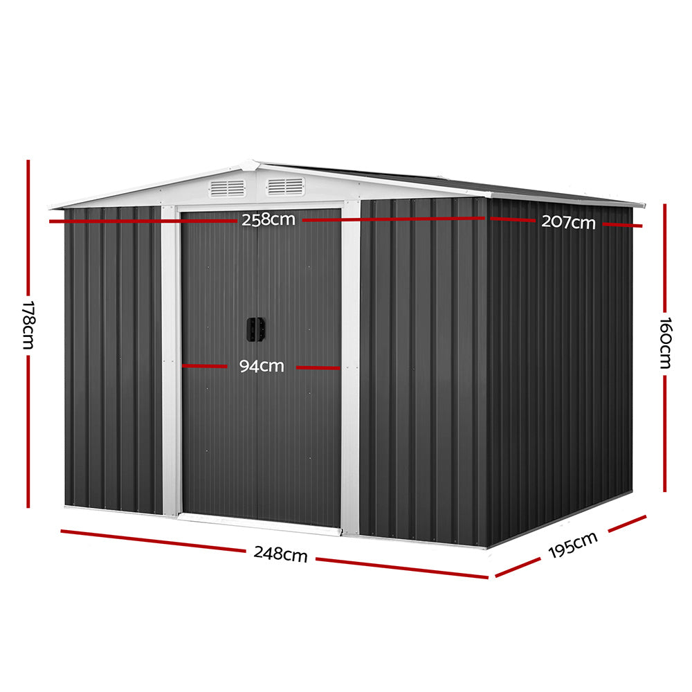 A weatherproof, gray Giantz Garden Shed 2.58x2.07M Sheds Outdoor Storage Workshop Metal Shelter Sliding Door constructed from galvanized steel with a ridged roof and vertical corrugated panels on the sides, viewed from the front against a white background.