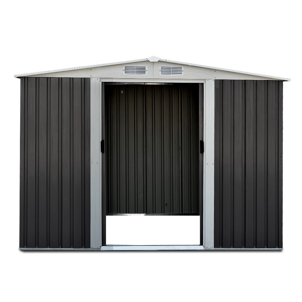 A weatherproof, gray Giantz Garden Shed 2.58x2.07M Sheds Outdoor Storage Workshop Metal Shelter Sliding Door constructed from galvanized steel with a ridged roof and vertical corrugated panels on the sides, viewed from the front against a white background.