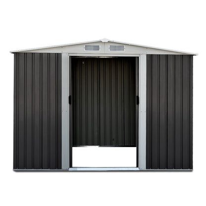 A weatherproof, gray Giantz Garden Shed 2.58x2.07M Sheds Outdoor Storage Workshop Metal Shelter Sliding Door constructed from galvanized steel with a ridged roof and vertical corrugated panels on the sides, viewed from the front against a white background.