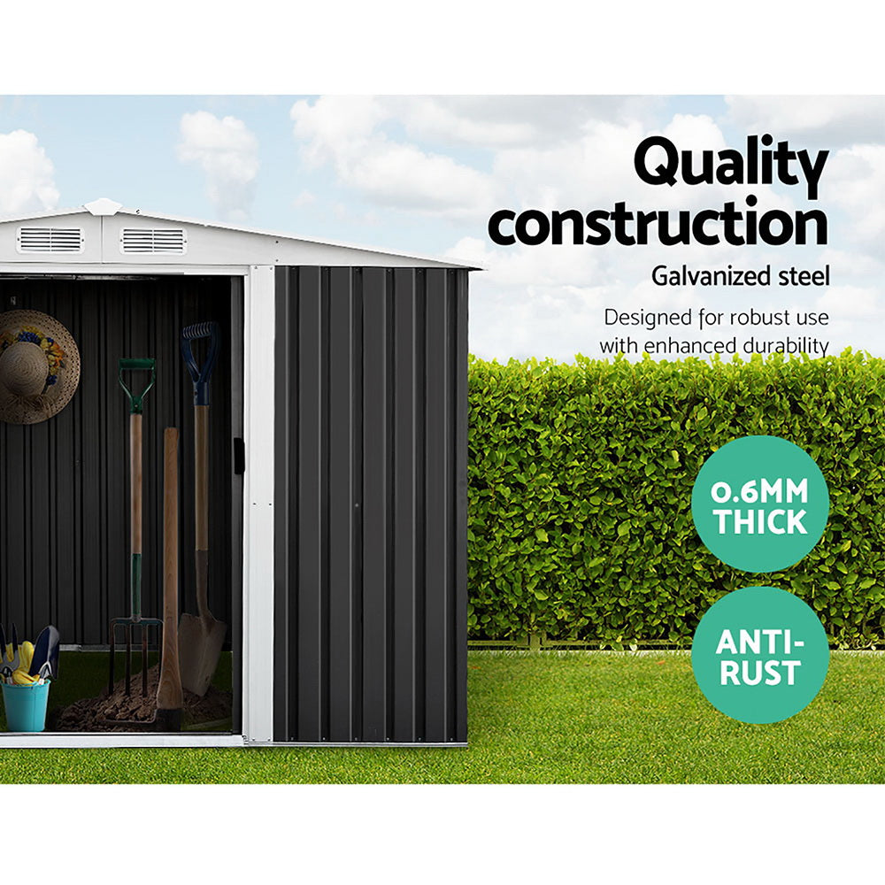 A weatherproof, gray Giantz Garden Shed 2.58x2.07M Sheds Outdoor Storage Workshop Metal Shelter Sliding Door constructed from galvanized steel with a ridged roof and vertical corrugated panels on the sides, viewed from the front against a white background.