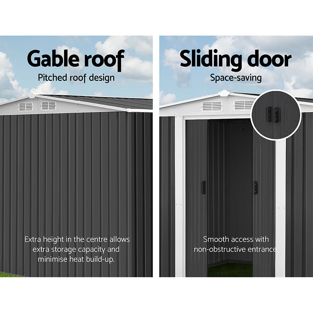 A weatherproof, gray Giantz Garden Shed 2.58x2.07M Sheds Outdoor Storage Workshop Metal Shelter Sliding Door constructed from galvanized steel with a ridged roof and vertical corrugated panels on the sides, viewed from the front against a white background.