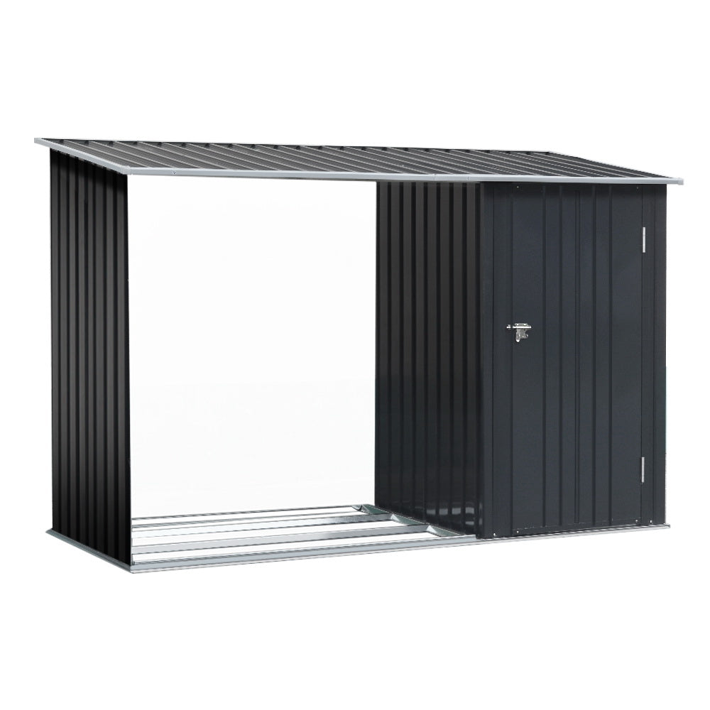 The Giantz Garden Shed 2.49x1.04M Sheds Outdoor Tool Storage Workshop House Steel 2 in 1 features a modern, black metal design with a pent roof. Made from galvanized steel construction for durability, this corrosion-resistant shed has a lockable door on the right and an open section on the left, offering dual functionality for storage and covered space.