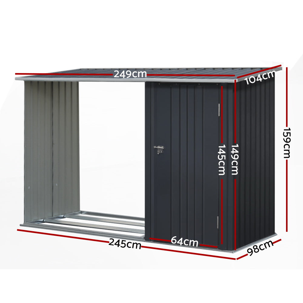 The Giantz Garden Shed 2.49x1.04M Sheds Outdoor Tool Storage Workshop House Steel 2 in 1 features a modern, black metal design with a pent roof. Made from galvanized steel construction for durability, this corrosion-resistant shed has a lockable door on the right and an open section on the left, offering dual functionality for storage and covered space.