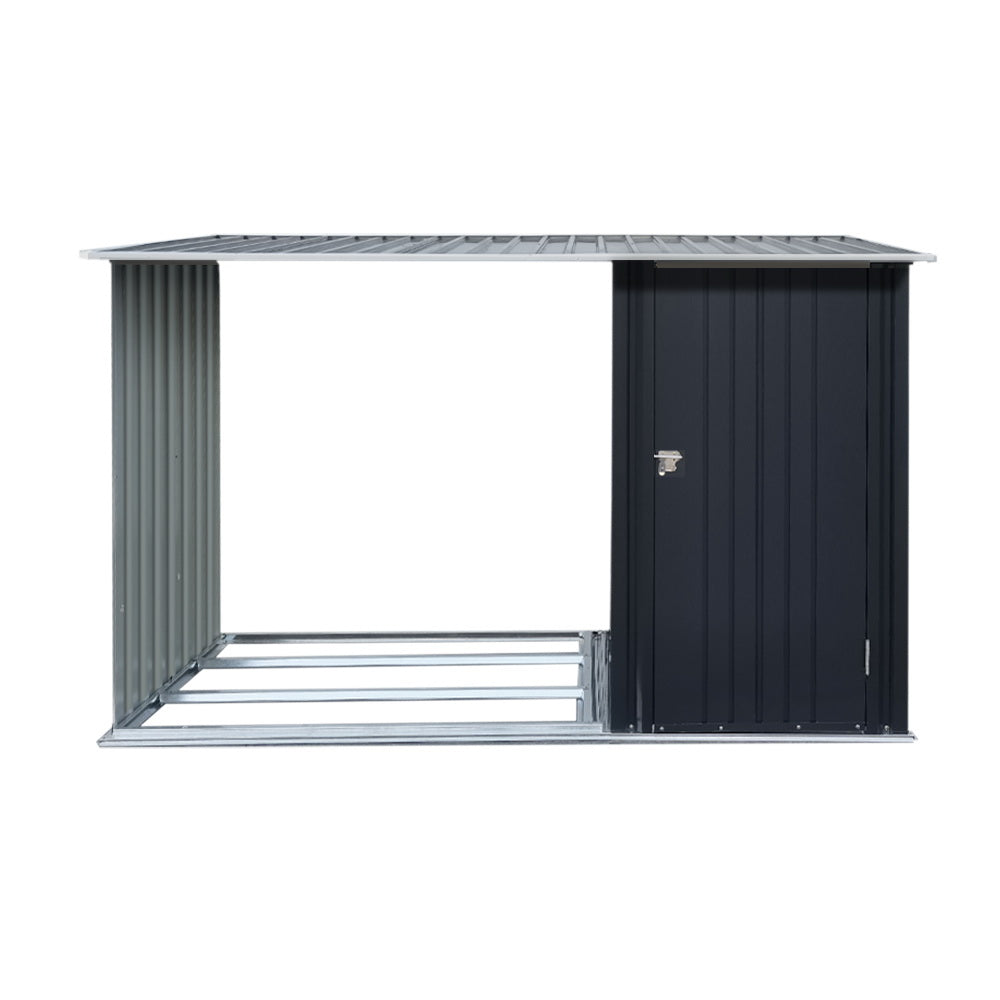 The Giantz Garden Shed 2.49x1.04M Sheds Outdoor Tool Storage Workshop House Steel 2 in 1 features a modern, black metal design with a pent roof. Made from galvanized steel construction for durability, this corrosion-resistant shed has a lockable door on the right and an open section on the left, offering dual functionality for storage and covered space.