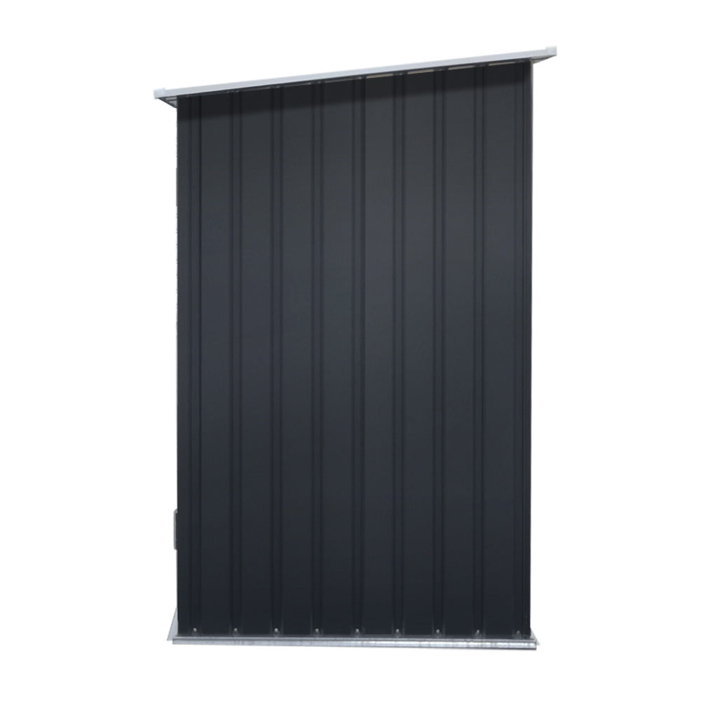 The Giantz Garden Shed 2.49x1.04M Sheds Outdoor Tool Storage Workshop House Steel 2 in 1 features a modern, black metal design with a pent roof. Made from galvanized steel construction for durability, this corrosion-resistant shed has a lockable door on the right and an open section on the left, offering dual functionality for storage and covered space.