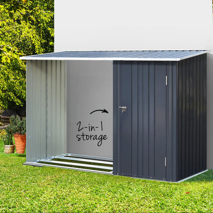 The Giantz Garden Shed 2.49x1.04M Sheds Outdoor Tool Storage Workshop House Steel 2 in 1 features a modern, black metal design with a pent roof. Made from galvanized steel construction for durability, this corrosion-resistant shed has a lockable door on the right and an open section on the left, offering dual functionality for storage and covered space.