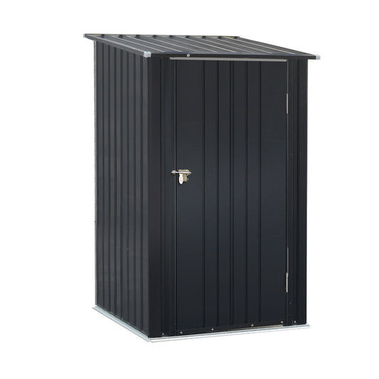 A small, vertical black Giantz Garden Shed 0.99x1.04M Sheds Outdoor Tool Storage Workshop House Steel with a corrugated roof and single door. Crafted from weatherproof galvanized steel, the shed features a secure latch with a padlock. The structure has grooved panels and rests on a rectangular base, making it ideal for outdoor use.