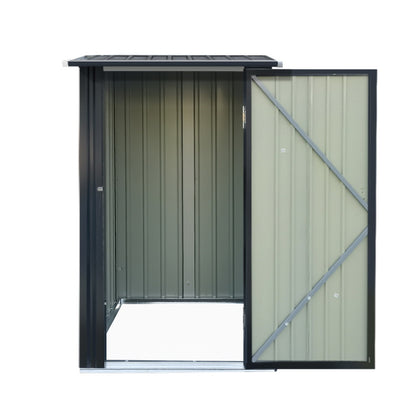 A small, vertical black Giantz Garden Shed 0.99x1.04M Sheds Outdoor Tool Storage Workshop House Steel with a corrugated roof and single door. Crafted from weatherproof galvanized steel, the shed features a secure latch with a padlock. The structure has grooved panels and rests on a rectangular base, making it ideal for outdoor use.