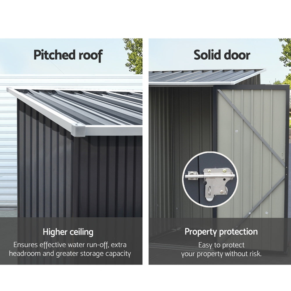 A small, vertical black Giantz Garden Shed 0.99x1.04M Sheds Outdoor Tool Storage Workshop House Steel with a corrugated roof and single door. Crafted from weatherproof galvanized steel, the shed features a secure latch with a padlock. The structure has grooved panels and rests on a rectangular base, making it ideal for outdoor use.