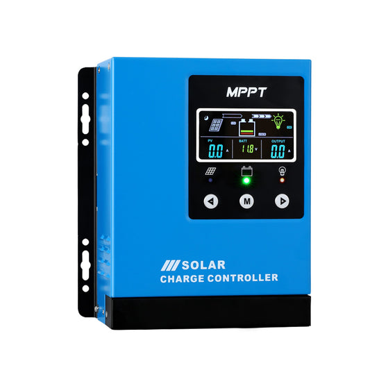 A blue Giantz 40A MPPT Solar Charge Controller Auto 12V/24V/36V/48V Battery Regulator with a digital display showing various readings including voltage and amps. The unit features control buttons below the display, intelligent protection, multi-stage charging, and the words "SOLAR CHARGE CONTROLLER" printed at the bottom.