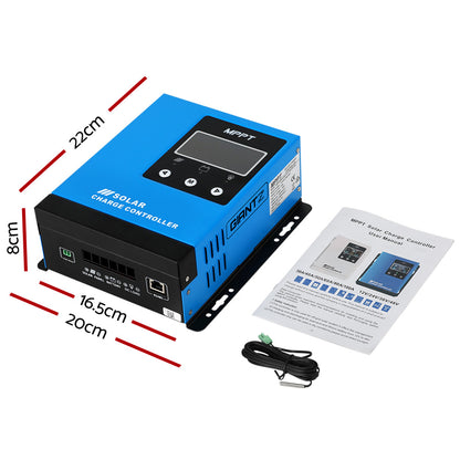 A blue Giantz 40A MPPT Solar Charge Controller Auto 12V/24V/36V/48V Battery Regulator with a digital display showing various readings including voltage and amps. The unit features control buttons below the display, intelligent protection, multi-stage charging, and the words "SOLAR CHARGE CONTROLLER" printed at the bottom.