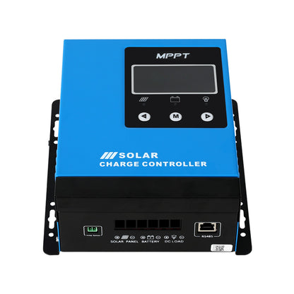 A blue Giantz 40A MPPT Solar Charge Controller Auto 12V/24V/36V/48V Battery Regulator with a digital display showing various readings including voltage and amps. The unit features control buttons below the display, intelligent protection, multi-stage charging, and the words "SOLAR CHARGE CONTROLLER" printed at the bottom.