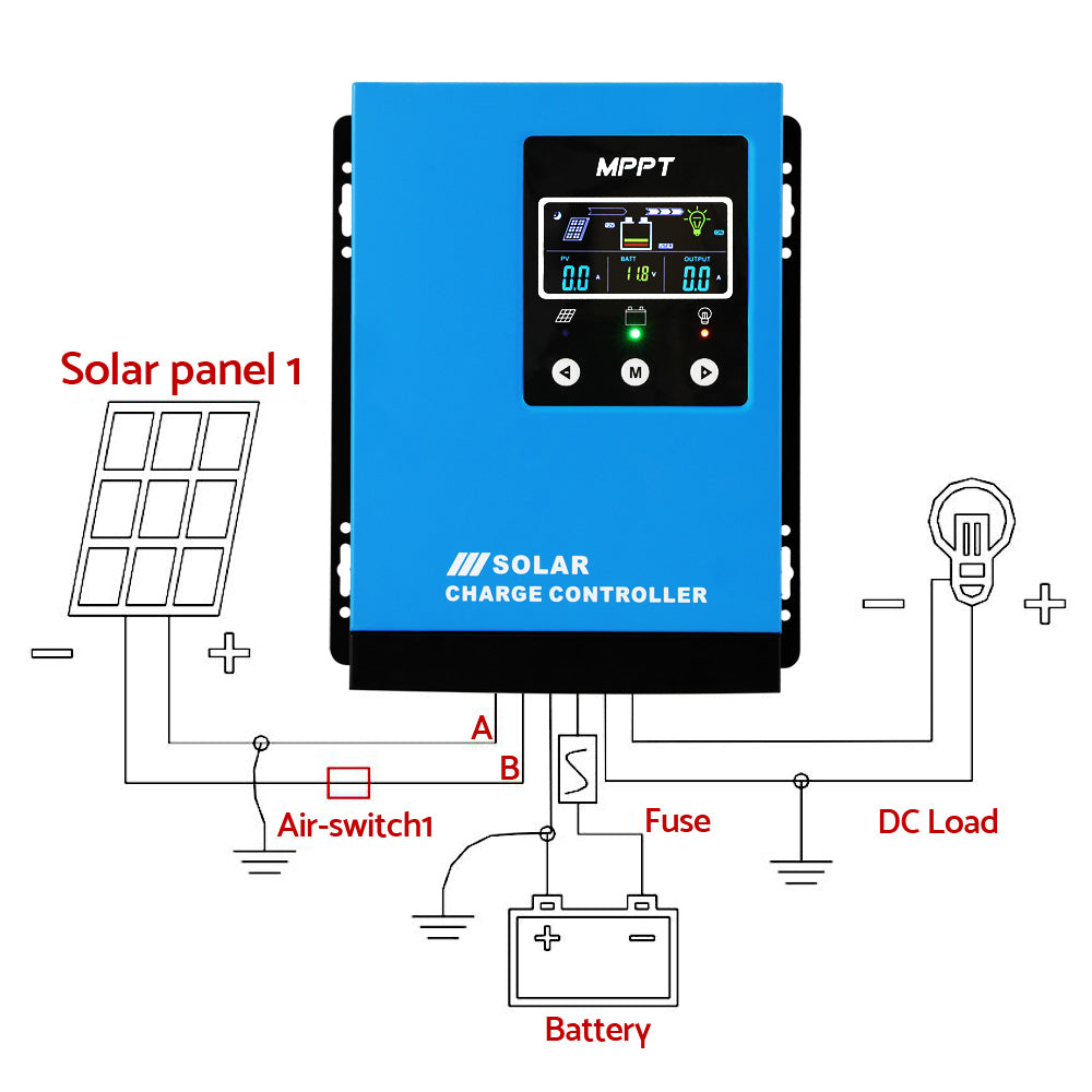 A blue Giantz 40A MPPT Solar Charge Controller Auto 12V/24V/36V/48V Battery Regulator with a digital display showing various readings including voltage and amps. The unit features control buttons below the display, intelligent protection, multi-stage charging, and the words "SOLAR CHARGE CONTROLLER" printed at the bottom.