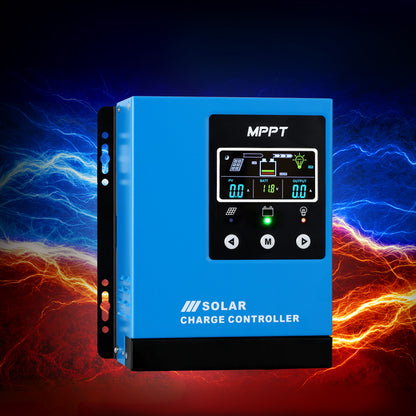 A blue Giantz 40A MPPT Solar Charge Controller Auto 12V/24V/36V/48V Battery Regulator with a digital display showing various readings including voltage and amps. The unit features control buttons below the display, intelligent protection, multi-stage charging, and the words "SOLAR CHARGE CONTROLLER" printed at the bottom.