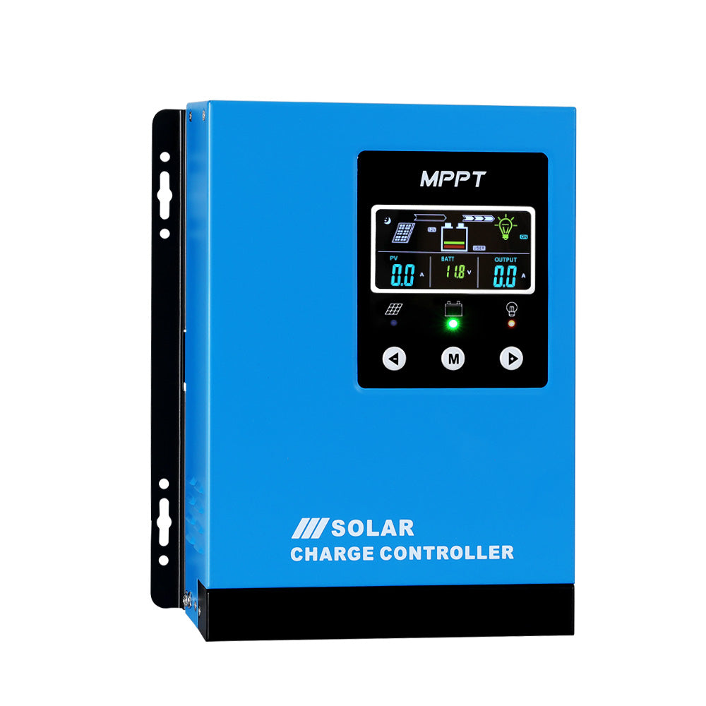 A blue Giantz 60A MPPT Solar Charge Controller Auto 12V/24V/36V/48V Battery Regulator with a digital display showcasing various readings, buttons for control, and black side mounting brackets. The display includes graphics of solar panels, a battery, and a light bulb indicating different charge statuses, incorporating multi-stage charging and intelligent protection.