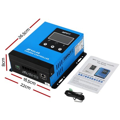 A blue Giantz 60A MPPT Solar Charge Controller Auto 12V/24V/36V/48V Battery Regulator with a digital display showcasing various readings, buttons for control, and black side mounting brackets. The display includes graphics of solar panels, a battery, and a light bulb indicating different charge statuses, incorporating multi-stage charging and intelligent protection.