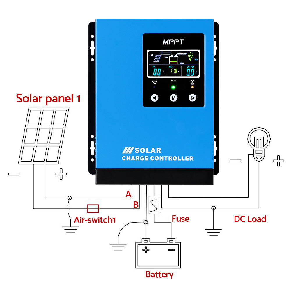 A blue Giantz 60A MPPT Solar Charge Controller Auto 12V/24V/36V/48V Battery Regulator with a digital display showcasing various readings, buttons for control, and black side mounting brackets. The display includes graphics of solar panels, a battery, and a light bulb indicating different charge statuses, incorporating multi-stage charging and intelligent protection.