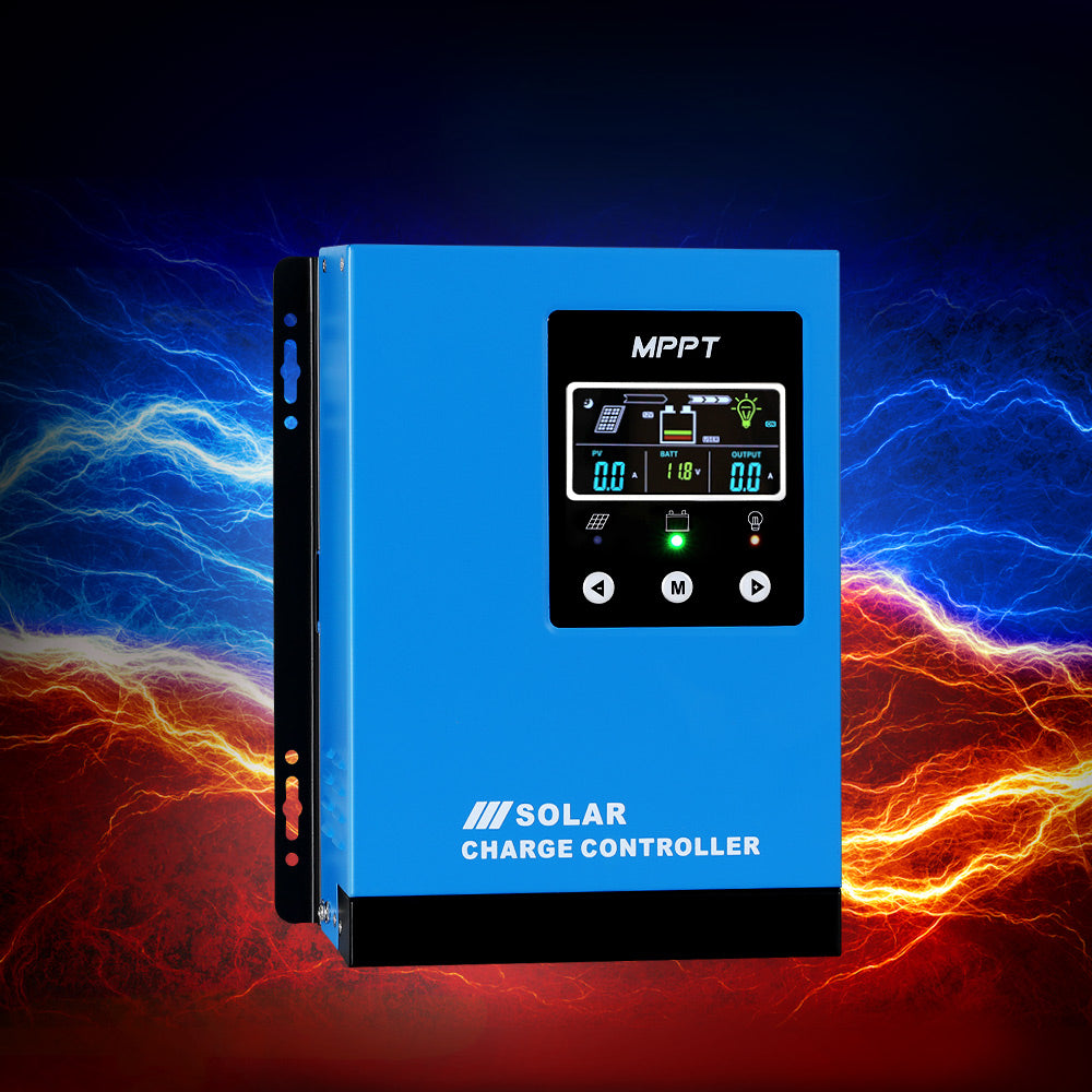 A blue Giantz 60A MPPT Solar Charge Controller Auto 12V/24V/36V/48V Battery Regulator with a digital display showcasing various readings, buttons for control, and black side mounting brackets. The display includes graphics of solar panels, a battery, and a light bulb indicating different charge statuses, incorporating multi-stage charging and intelligent protection.