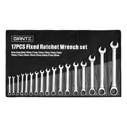 A Giantz 17pcs Ratchet Spanner Set Metric 6MM-30MM by Giantz, crafted from durable chrome vanadium steel. Displayed on a black tool roll, the wrenches, ranging from 6mm to 30mm with 72-tooth gear ratchets, are neatly arranged from smallest to largest. Each wrench features an open end and a ratcheting box end.