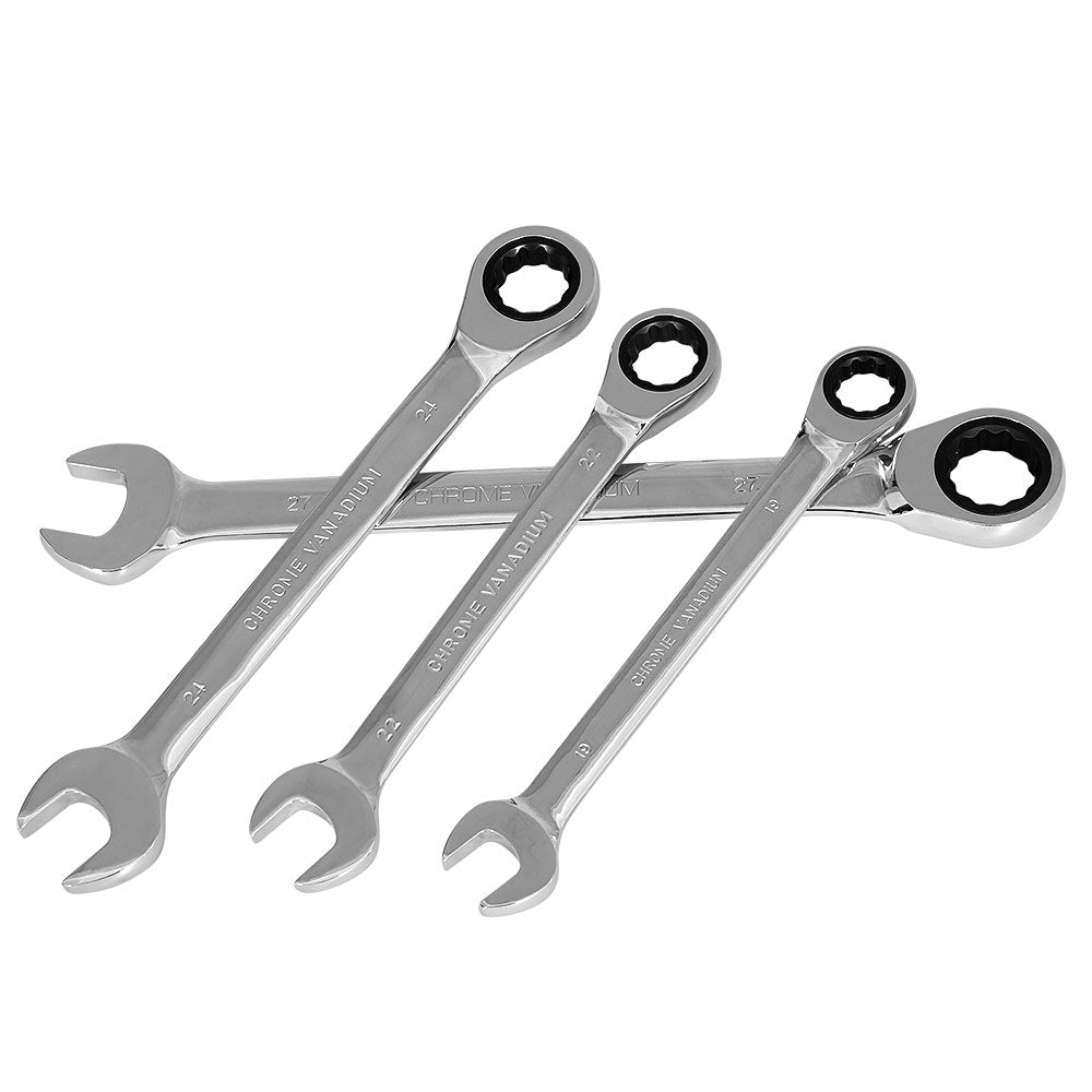 A Giantz 17pcs Ratchet Spanner Set Metric 6MM-30MM by Giantz, crafted from durable chrome vanadium steel. Displayed on a black tool roll, the wrenches, ranging from 6mm to 30mm with 72-tooth gear ratchets, are neatly arranged from smallest to largest. Each wrench features an open end and a ratcheting box end.