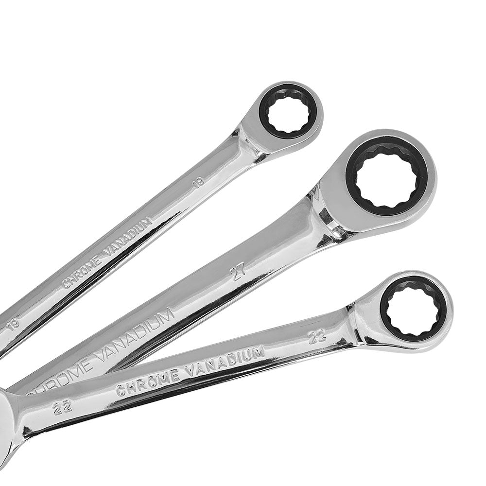 A Giantz 17pcs Ratchet Spanner Set Metric 6MM-30MM by Giantz, crafted from durable chrome vanadium steel. Displayed on a black tool roll, the wrenches, ranging from 6mm to 30mm with 72-tooth gear ratchets, are neatly arranged from smallest to largest. Each wrench features an open end and a ratcheting box end.