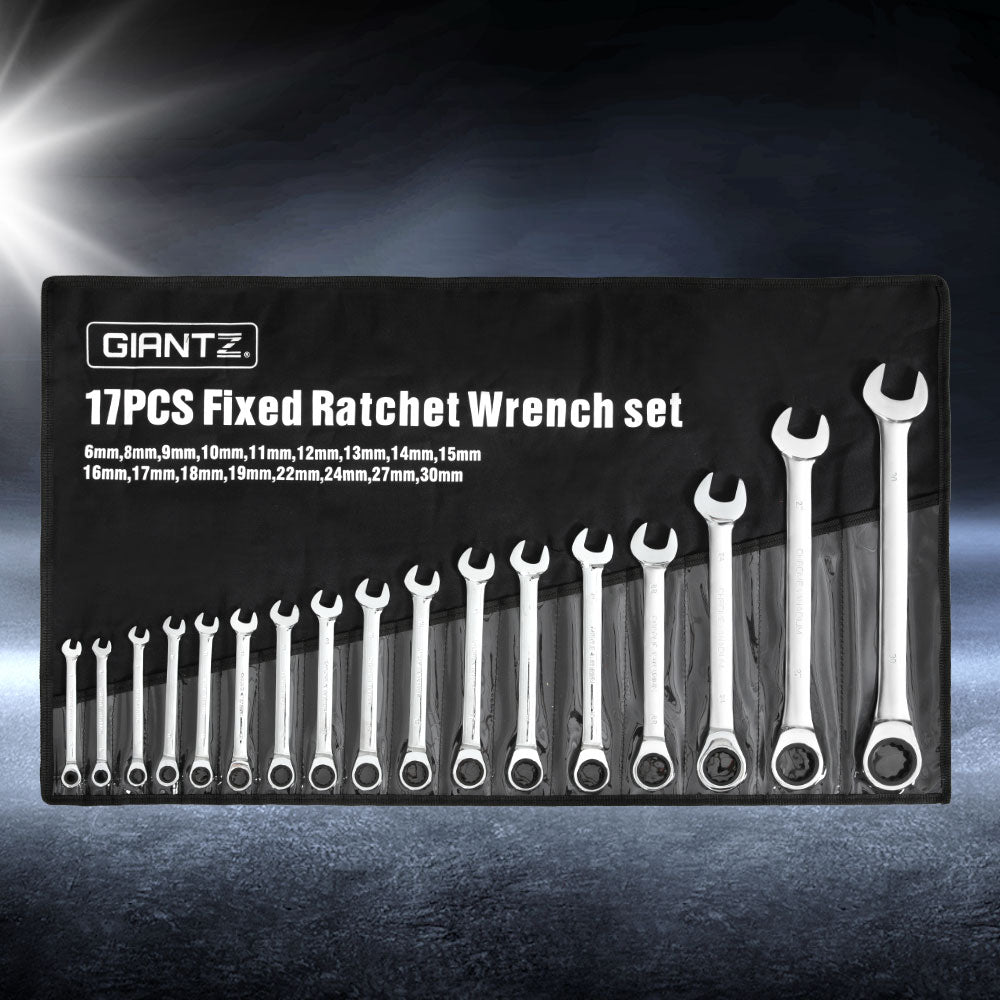 A Giantz 17pcs Ratchet Spanner Set Metric 6MM-30MM by Giantz, crafted from durable chrome vanadium steel. Displayed on a black tool roll, the wrenches, ranging from 6mm to 30mm with 72-tooth gear ratchets, are neatly arranged from smallest to largest. Each wrench features an open end and a ratcheting box end.