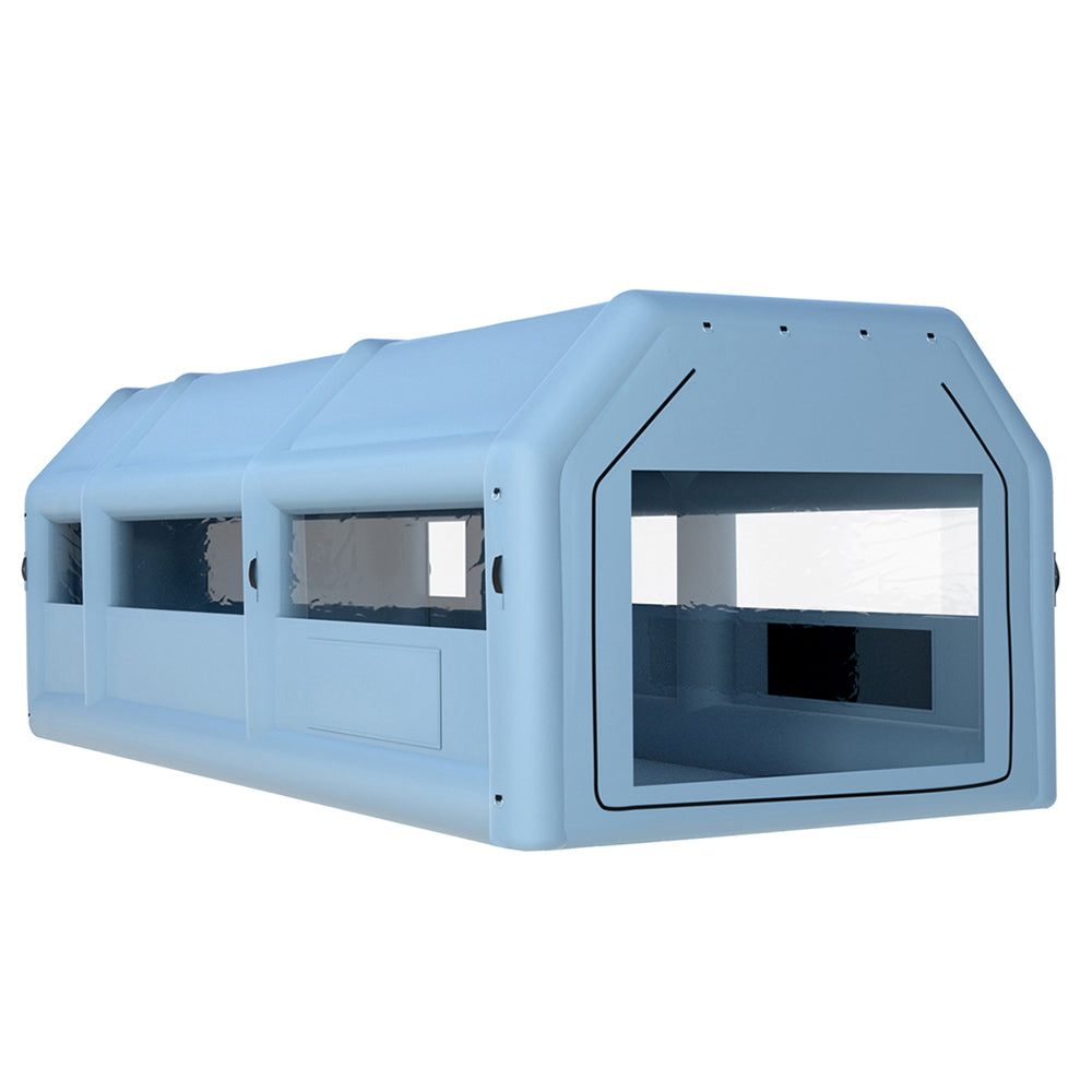 Image of a Giantz Inflatable Spray Booth 10X5M Car Paint Tent Filter System 2 Blowers, a large, blue, rectangular tunnel-like structure with transparent windows on the sides and front. Made from high-quality 201D oxford cloth, it has a flat base and is designed to appear modular, potentially used for transport, storage, or scientific purposes.