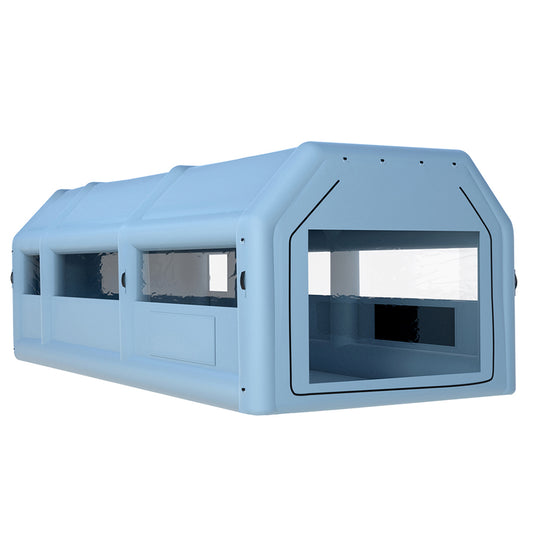 Image of a Giantz Inflatable Spray Booth 10X5M Car Paint Tent Filter System 2 Blowers, a large, blue, rectangular tunnel-like structure with transparent windows on the sides and front. Made from high-quality 201D oxford cloth, it has a flat base and is designed to appear modular, potentially used for transport, storage, or scientific purposes.