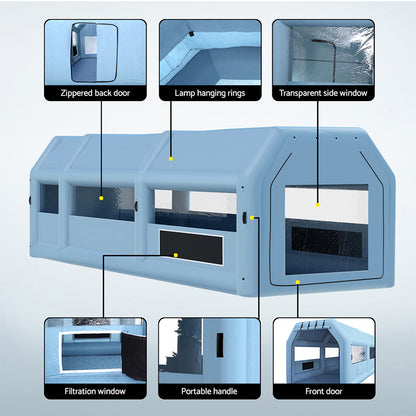 Image of a Giantz Inflatable Spray Booth 10X5M Car Paint Tent Filter System 2 Blowers, a large, blue, rectangular tunnel-like structure with transparent windows on the sides and front. Made from high-quality 201D oxford cloth, it has a flat base and is designed to appear modular, potentially used for transport, storage, or scientific purposes.