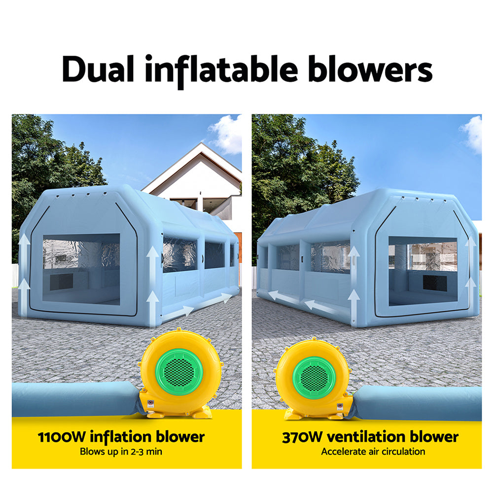 Image of a Giantz Inflatable Spray Booth 10X5M Car Paint Tent Filter System 2 Blowers, a large, blue, rectangular tunnel-like structure with transparent windows on the sides and front. Made from high-quality 201D oxford cloth, it has a flat base and is designed to appear modular, potentially used for transport, storage, or scientific purposes.