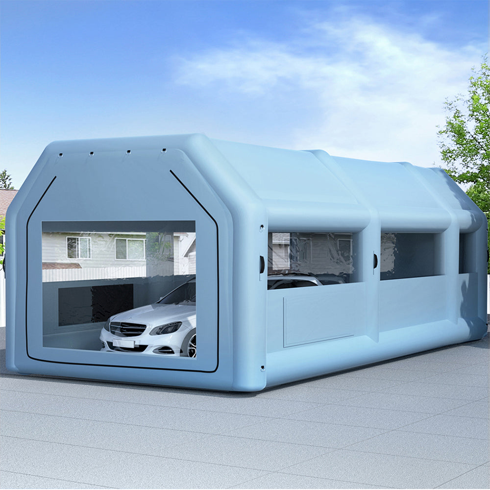 Image of a Giantz Inflatable Spray Booth 10X5M Car Paint Tent Filter System 2 Blowers, a large, blue, rectangular tunnel-like structure with transparent windows on the sides and front. Made from high-quality 201D oxford cloth, it has a flat base and is designed to appear modular, potentially used for transport, storage, or scientific purposes.