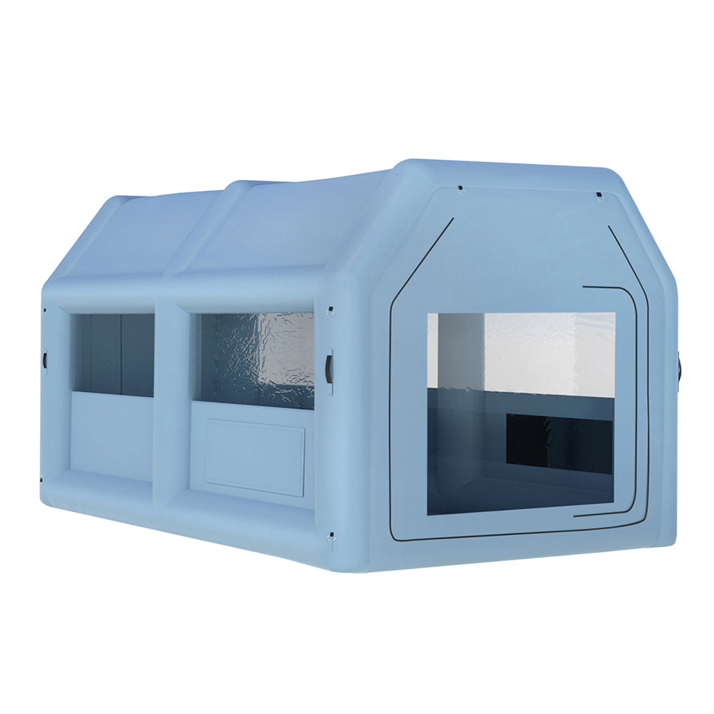 A light blue, rectangular plastic dog house with a slanted roof and multiple windows. The design includes an open front entrance and side ventilation holes. This durable, weather-resistant structure is suitable for outdoor use, perfect for those large paint jobs when paired with a Giantz Inflatable Spray Booth 4X3M Car Paint Tent Filter System Blower.