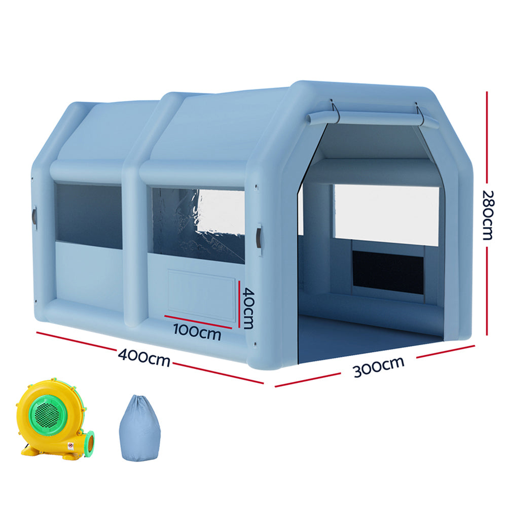 A light blue, rectangular plastic dog house with a slanted roof and multiple windows. The design includes an open front entrance and side ventilation holes. This durable, weather-resistant structure is suitable for outdoor use, perfect for those large paint jobs when paired with a Giantz Inflatable Spray Booth 4X3M Car Paint Tent Filter System Blower.