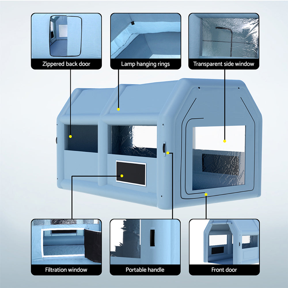 A light blue, rectangular plastic dog house with a slanted roof and multiple windows. The design includes an open front entrance and side ventilation holes. This durable, weather-resistant structure is suitable for outdoor use, perfect for those large paint jobs when paired with a Giantz Inflatable Spray Booth 4X3M Car Paint Tent Filter System Blower.